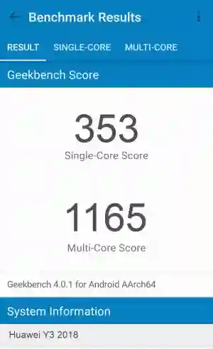 Huawei Y3 2018 GeekBench 4 
