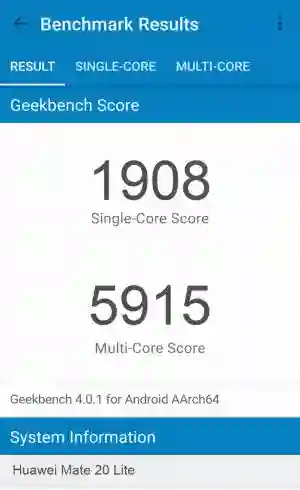 Huawei Mate 20 Lite GeekBench 4 