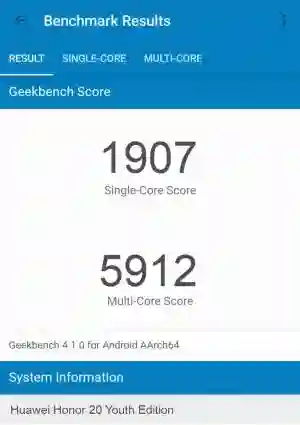 Huawei Honor 20 Youth Edition GeekBench 4 