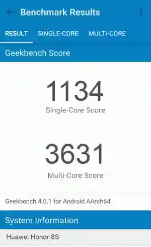 Huawei Honor 8S GeekBench 4 