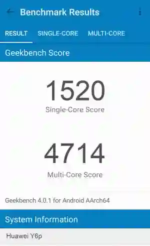 Huawei Y6p GeekBench 4 