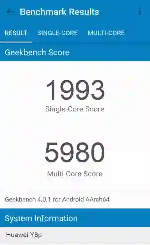 Huawei Y8p GeekBench 4 