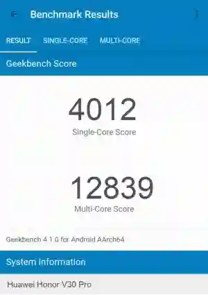 Huawei Honor V30 Pro GeekBench 4 