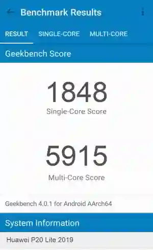 Huawei P20 Lite 2019 GeekBench 4 