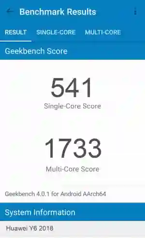 Huawei Y6 2018 GeekBench 4 
