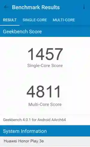 Huawei Honor Play 3e GeekBench 4 