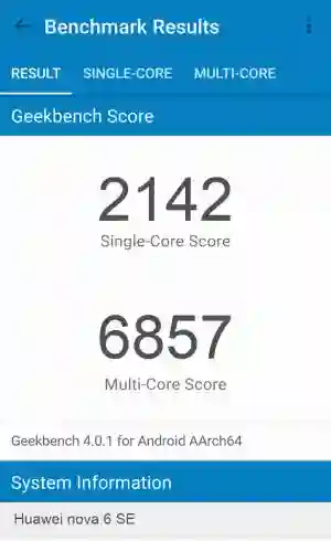 Huawei nova 6 SE GeekBench 4 