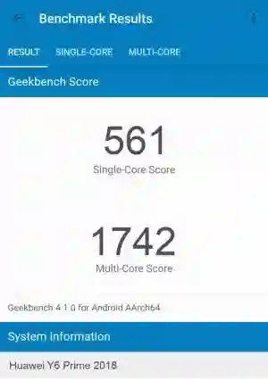 Huawei Y6 Prime 2018 GeekBench 4 