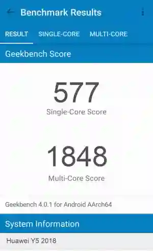 Huawei Y5 2018 GeekBench 4 